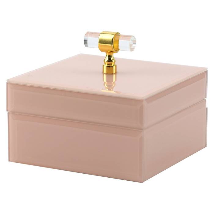 Aufbewahrungsbox "Rana" in Beige, hochglänzendes Glas, mit goldfarbenem Griff auf dem Deckel, elegante Aufbewahrungslösung für kleine Gegenstände.