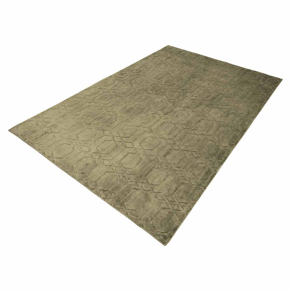 Teppich Liva 200x300 (olive) Rechteckiger Teppich mit texturiertem Muster, monochromatische Farbe, geometrische Formen und Linien, die eine dreidimensionale Illusion erzeugen.