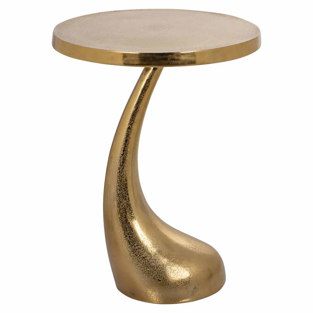 Beistelltisch mit runder Tischplatte und geschwungenem, ‘S’-förmigem Bein aus Metall mit goldener Oberfläche, elegant und modern.