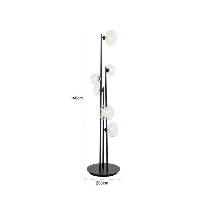 Schwarze Stehleuchte Luva aus Eisen und Glas, mit modernem Design. Ideal für Wohnzimmer, Büros oder Leseecken, bietet sie stilvolle Beleuchtung