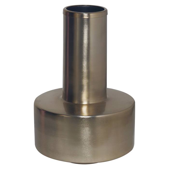 Eine goldfarbene Vase namens „Lio” mit einem modernen, minimalistischen Design. Die Vase hat einen zylindrischen Hals.