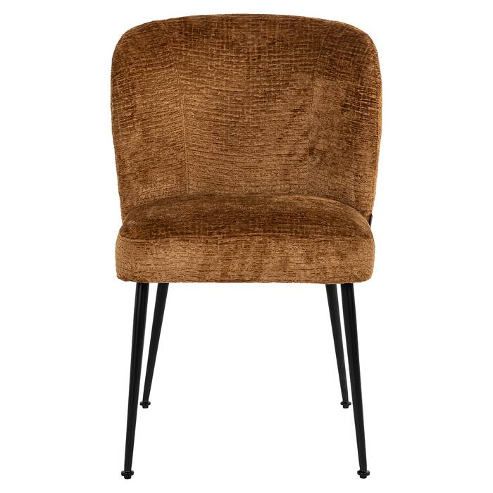 Das Bild zeigt den Esszimmerstuhl Fallon cognac fusion (Fusion cognac 28) von vorne. Die cognacfarbene Polsterung der Sitzfläche und Rückenlehne sind gut sichtbar.
