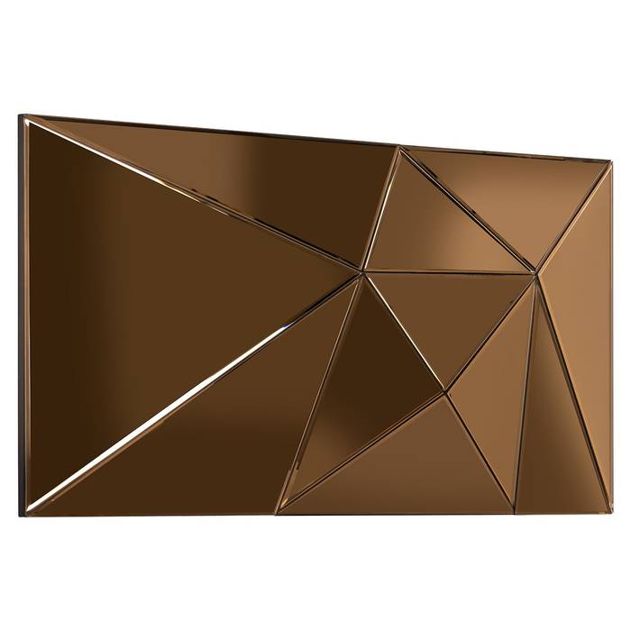 Ein Spiegel mit einem geometrischen Design aus mehreren dreieckigen und polygonalen Formen in gold- oder bronzefarbenem Ton, angeordnet in einem abstrakten, asymmetrischen Muster. Der Spiegel trägt den Namen „Spiegel Joni”.