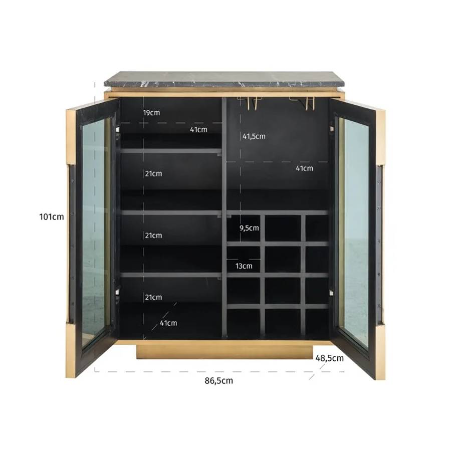 Das Sideboard ist 101 cm hoch, 41 cm tief und 86,5 cm breit. Die linken Schubladen sind 21 cm hoch und 41 cm breit, die obere rechte Schublade ist 41 cm breit und 41,5 cm hoch, und die kleinen Schubladen darunter sind 9,5 cm hoch und 13 cm breit.