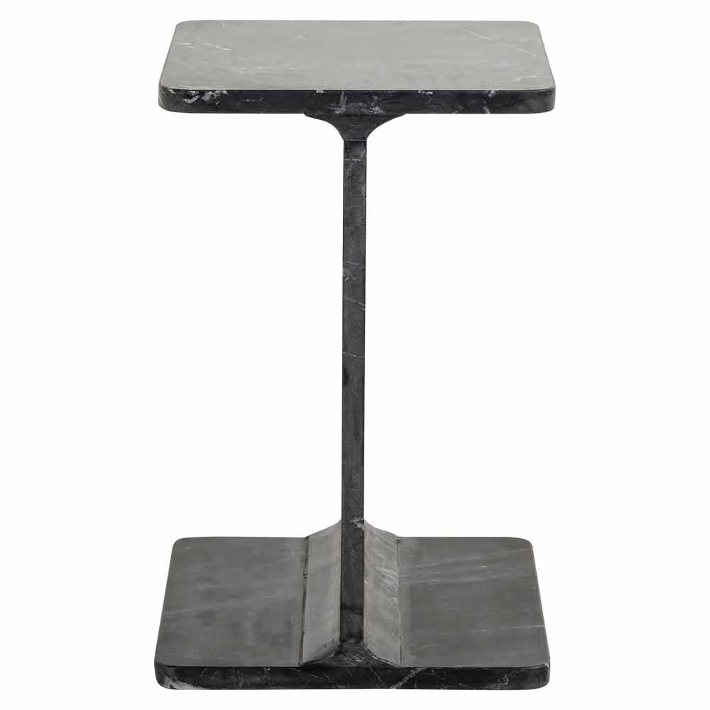 Ein quadratischer Marmorseitenschale mit einer zentralen Säule, die die Tischplatte mit der Basis verbindet. Der Tisch hat eine graue Farbe mit dunkleren Adern, die typisch für Marmor oder marmorähnliches Material sind.