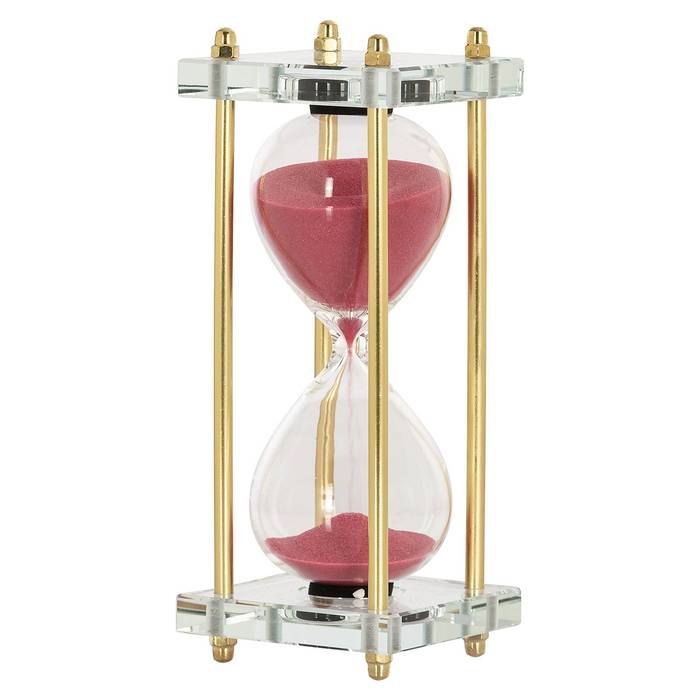 Richmond Deko-Objekt Sanduhr Ziva aus transparentem Glas mit pinkem Sand und goldenen Stäben. Ein elegantes, faszinierendes Dekorationsstück, das jeden Raum aufwertet.