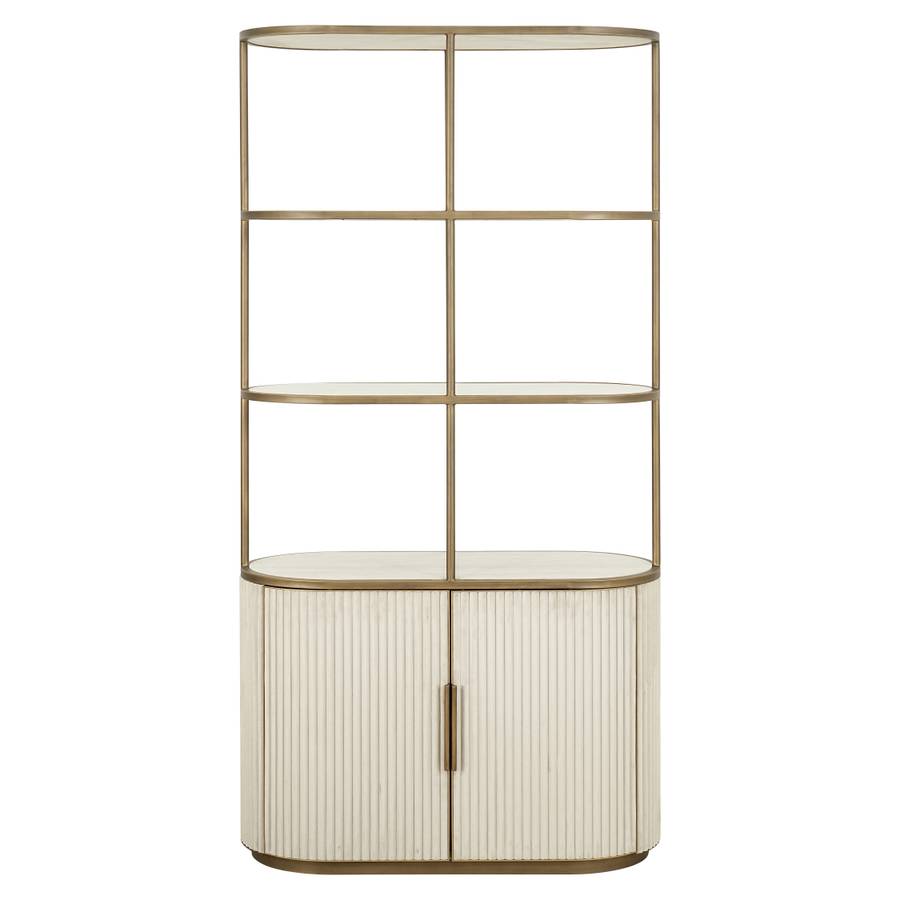 Das Bild zeigt den Schrank Tivoli rund, 2-türig, mit 3 offenen Regalen (weiß) von vorne. 