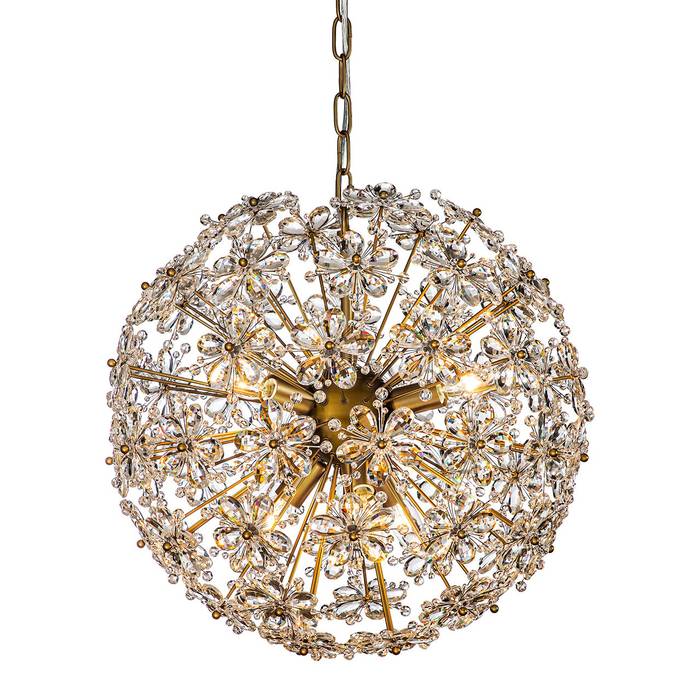Hängelampe "Cyntha" in Bronze, runder Kronleuchter mit Glasblumen-Details, funkelnder Kristall für elegante Lichtreflexionen und luxuriöse Atmosphäre.
