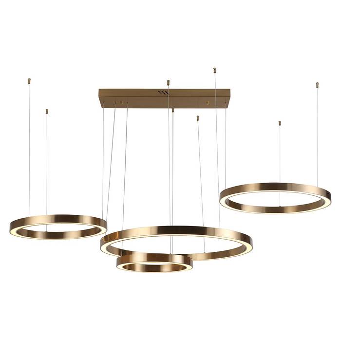 Hängelampe "Lilou" in Brushed Gold, vier unterschiedlich große horizontale Kreise mit integrierten Lampen, elegantes Design für sanftes, gleichmäßiges Licht.