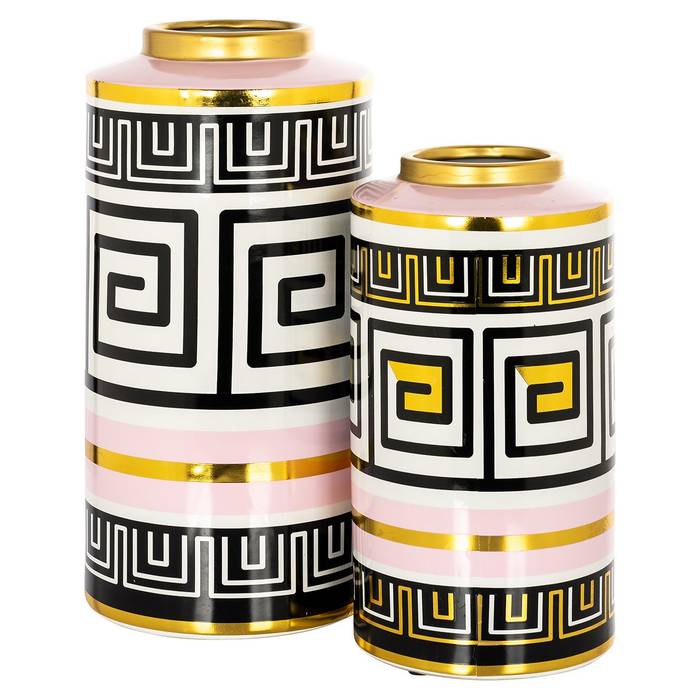  Die kleine Vase Leora aus lackiertem Ton mit harmonischem Muster in Schwarz, Weiß, Rosa und Gold mit einer anderen größeren Vase