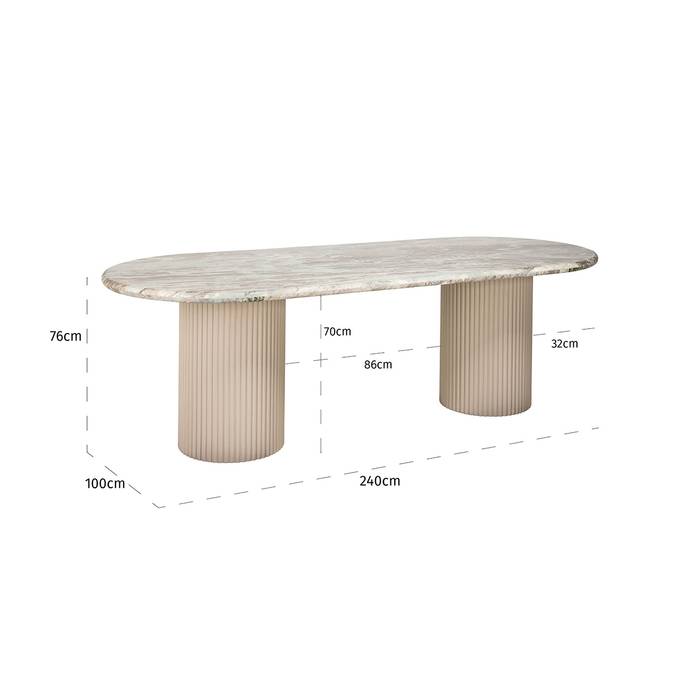 Das Bild zeigt den Esstisch Coronel (beige) von vorne. Die beige Oberfläche und die klaren Linien des Designs sind gut sichtbar. Der Tisch ist 76 cm hoch, 100 cm breit und 240 cm lang.