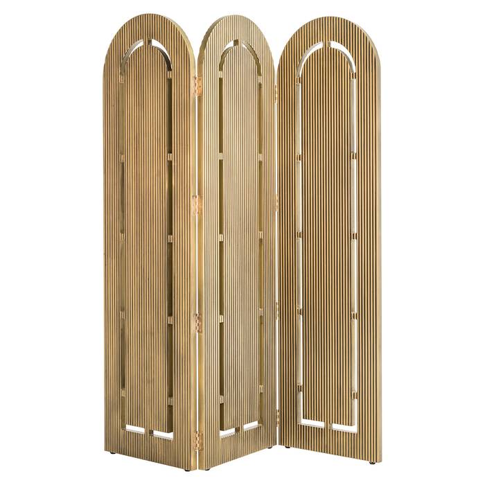 Das Bild zeigt den Raumteiler Macallen von Richmond Decoration. Der Raumteiler hat ein Messing-Finish im gebürsteten Gold-Look.