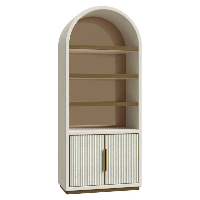 Wandschrank Tivoli in Weiß, mit gebogener Oberseite, zwei Türen und drei Regalen. Gefertigt aus Sperrholz, Eisen und Eichenfurnier, bietet er robusten Stauraum und stilvolle Eleganz für jeden Raum.