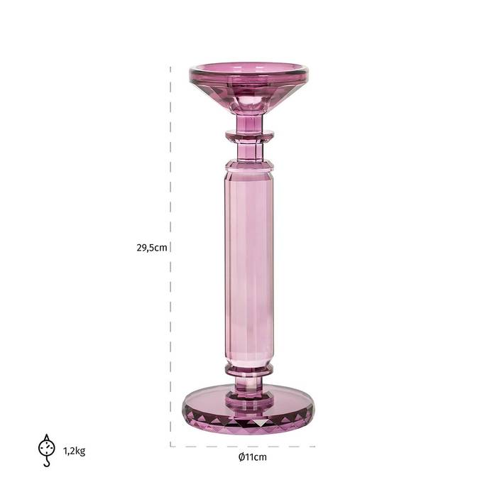Kerzenhalter Maysa aus geschliffenem, lilafarbenem Glas mit transparentem Design – elegant und ideal für stimmungsvolle Lichtakzente.