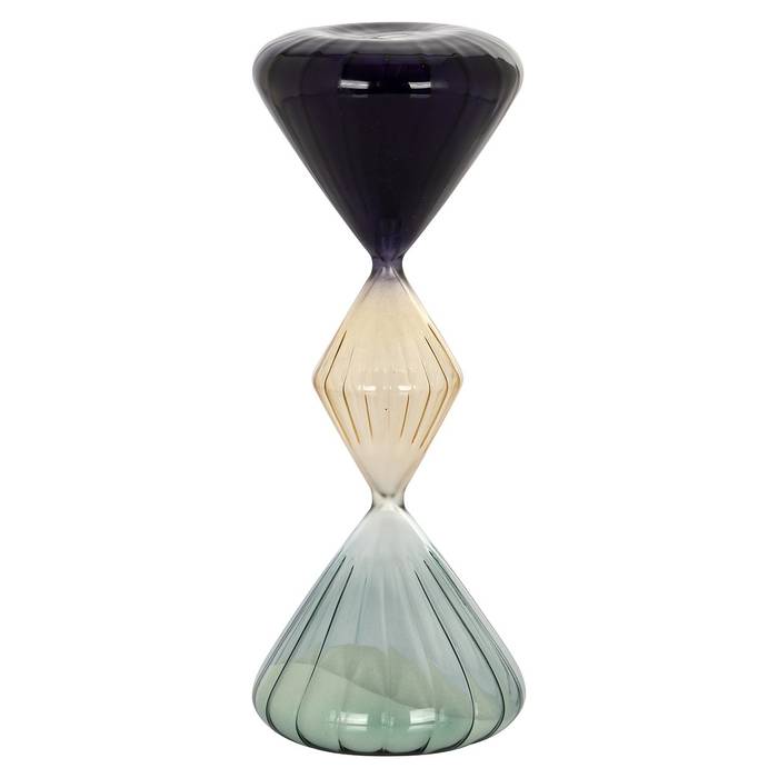 Richmond Deko-Objekt Sanduhr Carlee aus schwarzem, beige und türkis gefärbtem Glas. Mit geriffelter Oberfläche und Diamant-Silhouette, verleiht sie jedem Raum elegante Raffinesse.