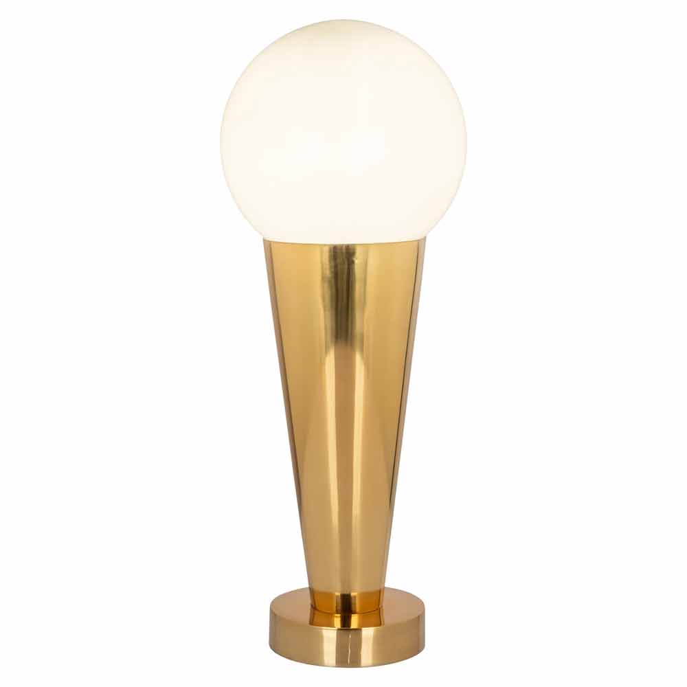 Moderne Tischlampe mit kugelförmigem, weißem Schirm und konischem, goldfarbenem Sockel.