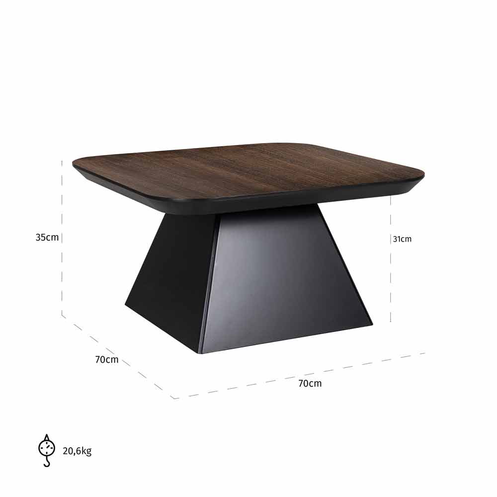Moderner Couchtisch mit dunkler Holzplatte und geometrischem, schwarzem Gestell. Höhe: 35 cm, Länge: 70 cm, Breite: 31 cm, Gewicht: 20,6 kg.