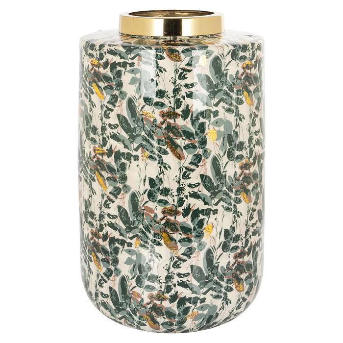 Eine dekorative Vase namens „Omono“ mit einem zylindrischen Design. Die Vase zeigt ein detailliertes Blumen- und Vogelmuster mit grünen Blättern und kleinen Vögeln in Gelb- und Brauntönen. Der obere Rand der Vase ist goldfarben.