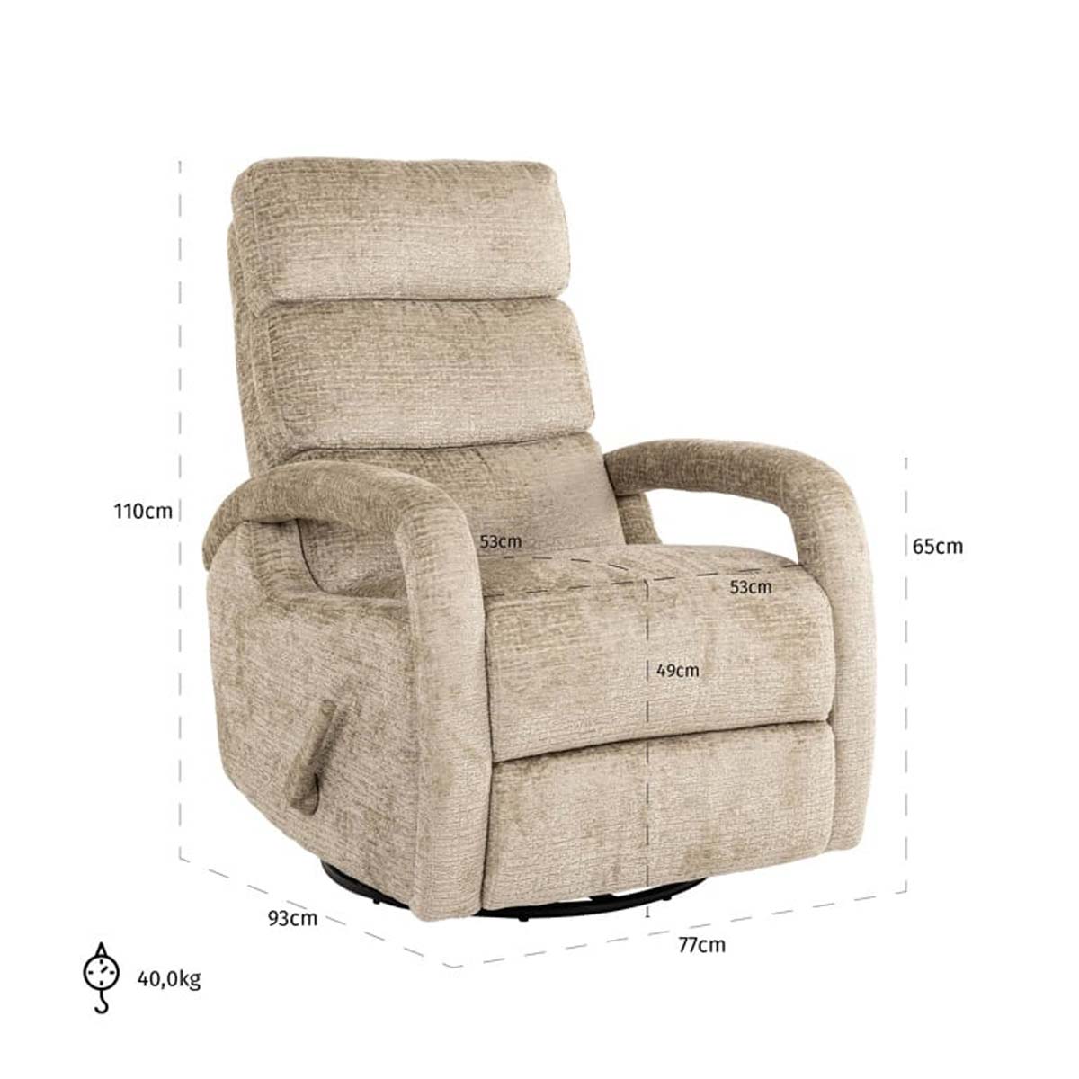 Relaxsessel Denvi desert fusion (Fusion 109 desert) Der Relaxsessel Denvi desert fusion (Fusion 109 desert) mit einer Gesamtbreite von 93 cm, einer Tiefe von 65 cm (mit ausgeklappter Fußstütze) und einer Sitzhöhe von 49 cm.