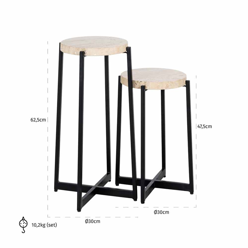 Zwei runde Hocker mit schwarzen Metallrahmen und hellen Holzsitzen, einer 62,5 cm hoch und der andere 47,5 cm hoch, beide mit einem Sitzdurchmesser von 30 cm und einem Gesamtgewicht von 10,2 kg.