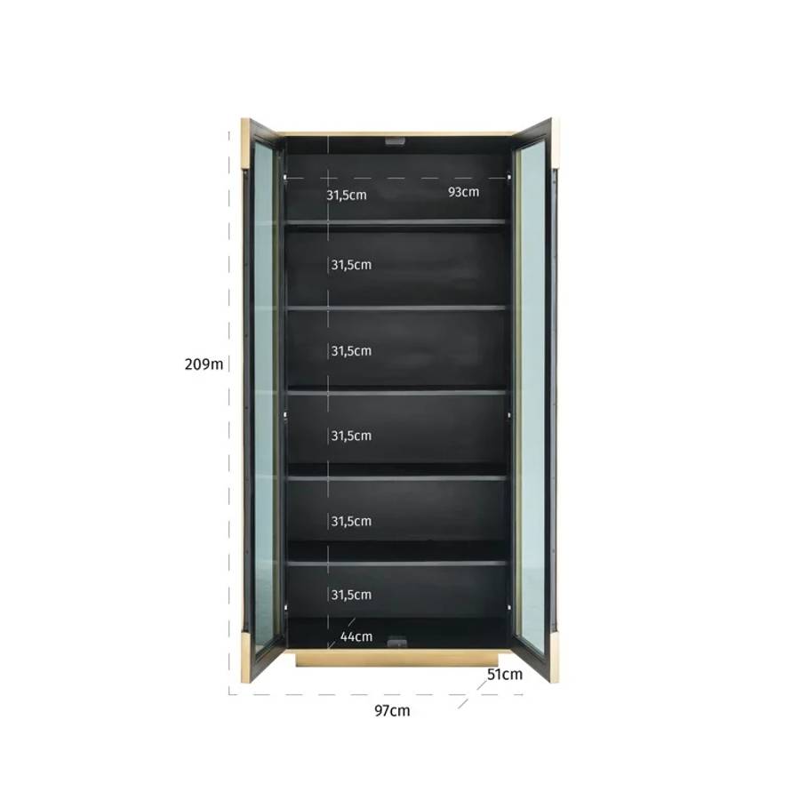 Der Schrank Finsbury 2-türig hat eine Höhe von 209 cm und eine Breite von 97 cm. Die einzelnen Regalböden im Inneren sind 35 cm hoch und 93 cm breit.