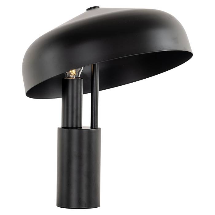 Die Tischleuchte Linzy (schwarz) hat ein modernes, minimalistisches Design. Die Lampe hat einen breiten, kuppelförmigen Schirm und einen zylindrischen Sockel.