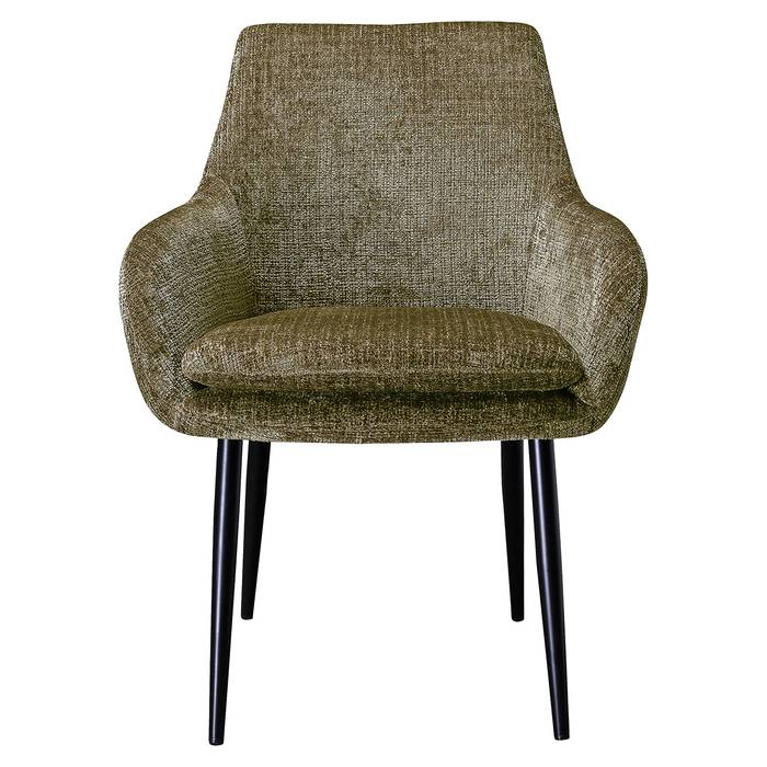 Das Bild zeigt den Esszimmerstuhl Chrissy (Niagara 104 Stone Chenille) von vorne. Die weiche, steinfarbene Polsterung aus Chenille-Stoff und die stabilen, schwarzen Metallbeine sind gut sichtbar.